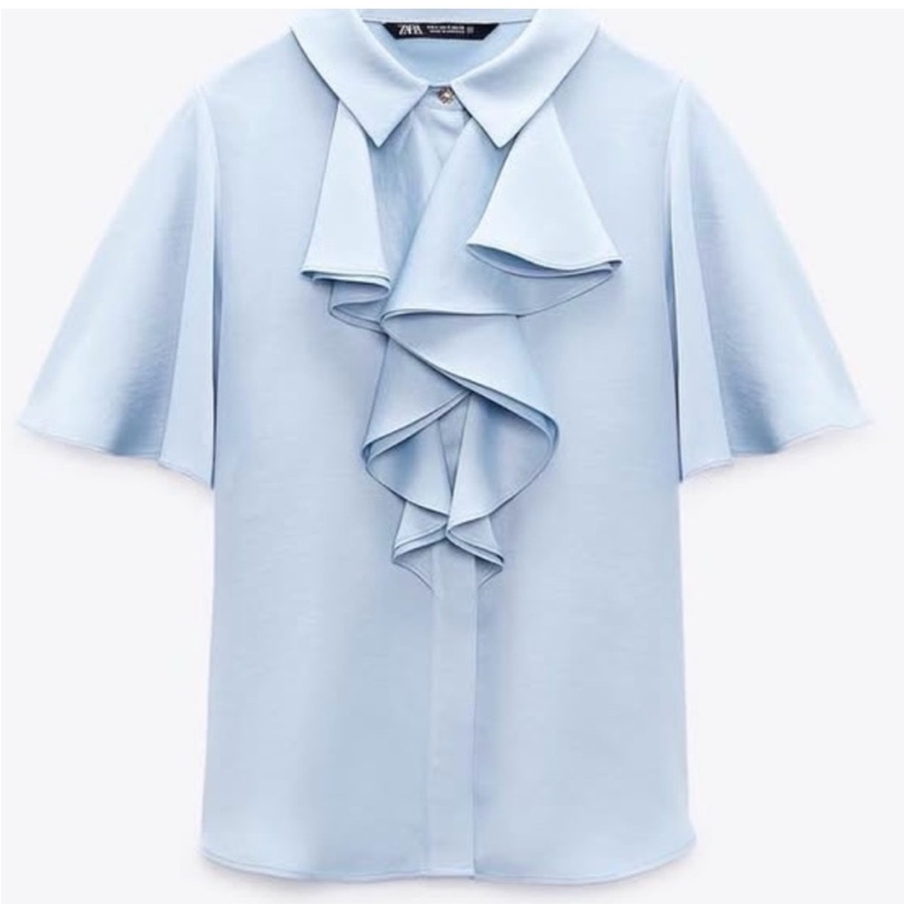 Zara Sky Blue Ruffle Front Top